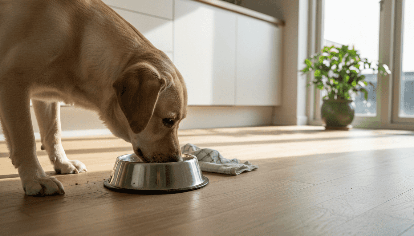 Labradoren nyder sin tørkost i køkkenet