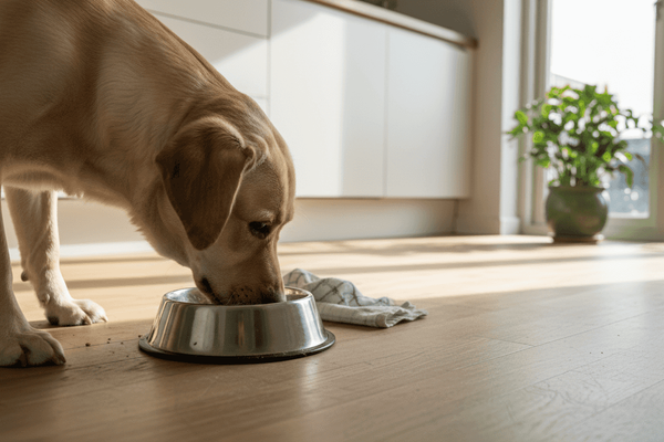 Labradoren nyder sin tørkost i køkkenet