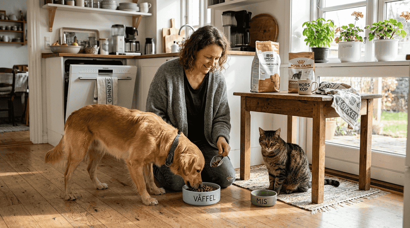 En kvinde giver sin hund og kat mad i køkkenet.