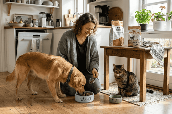 En kvinde giver sin hund og kat mad i køkkenet.