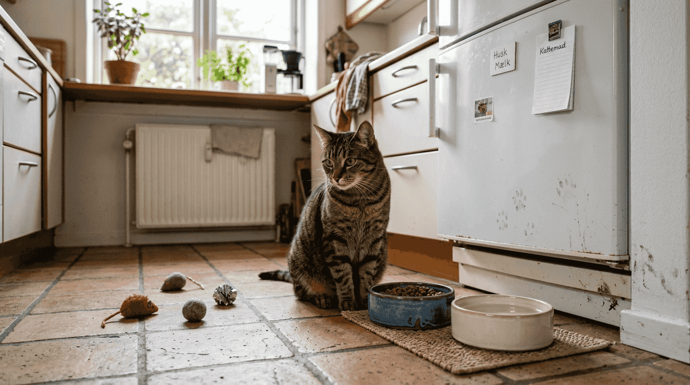 En kat står varsomt i køkkenet og betragter to madskåle på gulvet.