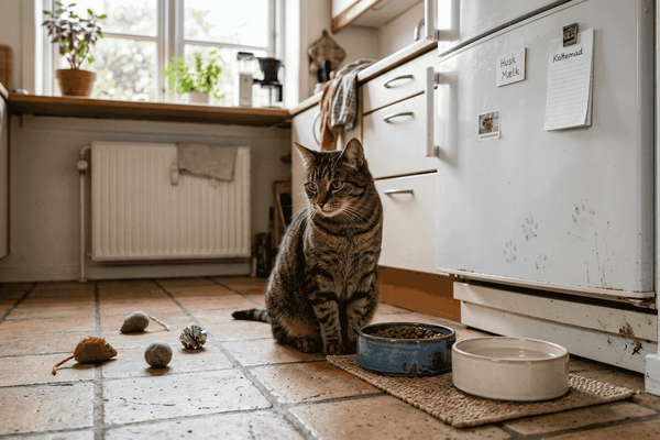 En kat står varsomt i køkkenet og betragter to madskåle på gulvet.
