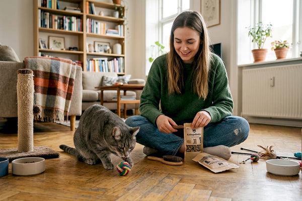 En kvinde rydder op i kattelegetøjet, mens hendes nysgerrige kat følger spændt med.