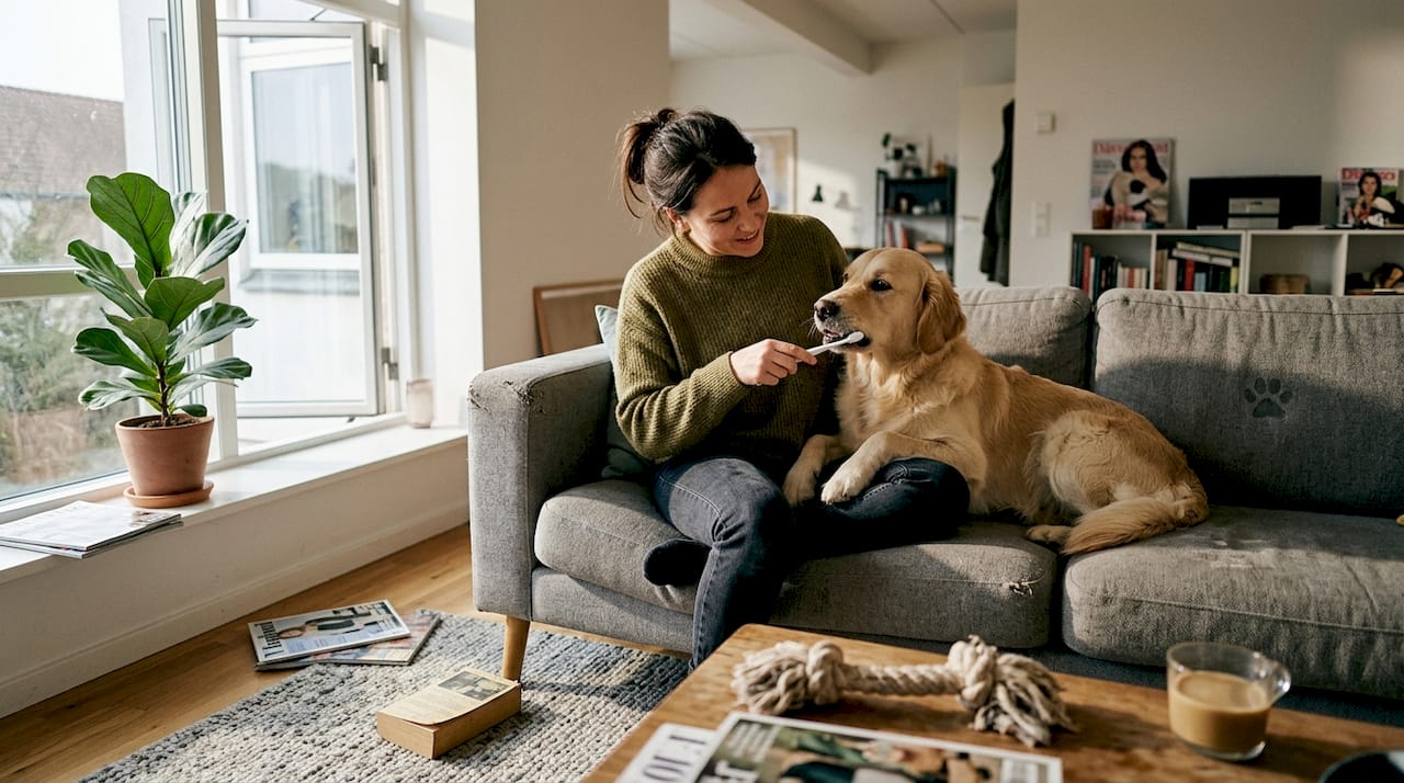 Ejeren sidder i sofaen og børster tænder på sin hund.