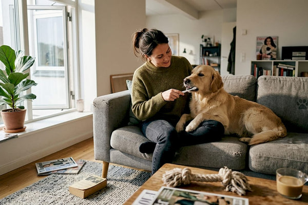 Ejeren sidder i sofaen og børster tænder på sin hund.