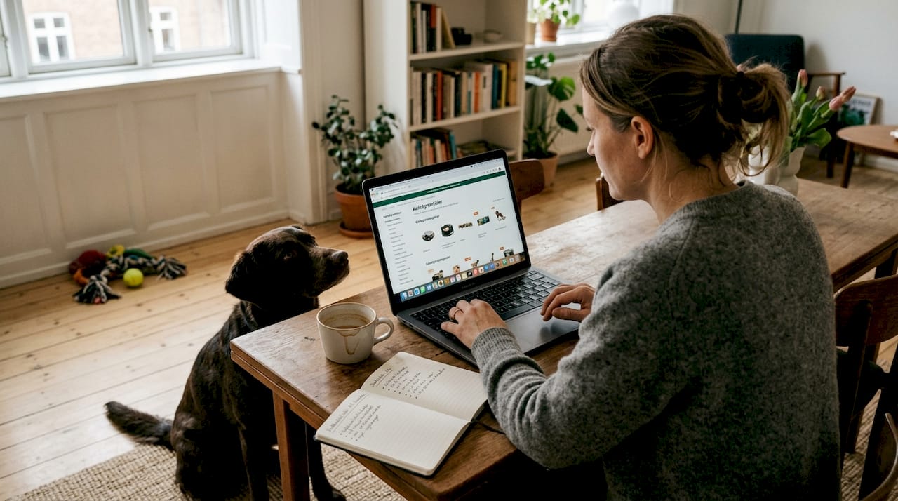 Kvinde sidder derhjemme og bestiller kæledyrsudstyr på nettet