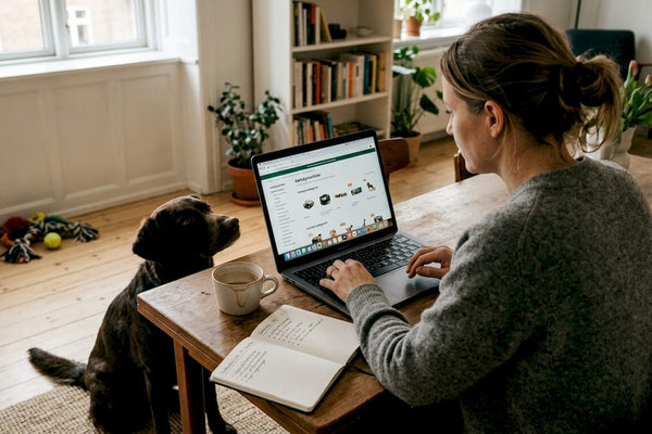 Kvinde sidder derhjemme og bestiller kæledyrsudstyr på nettet
