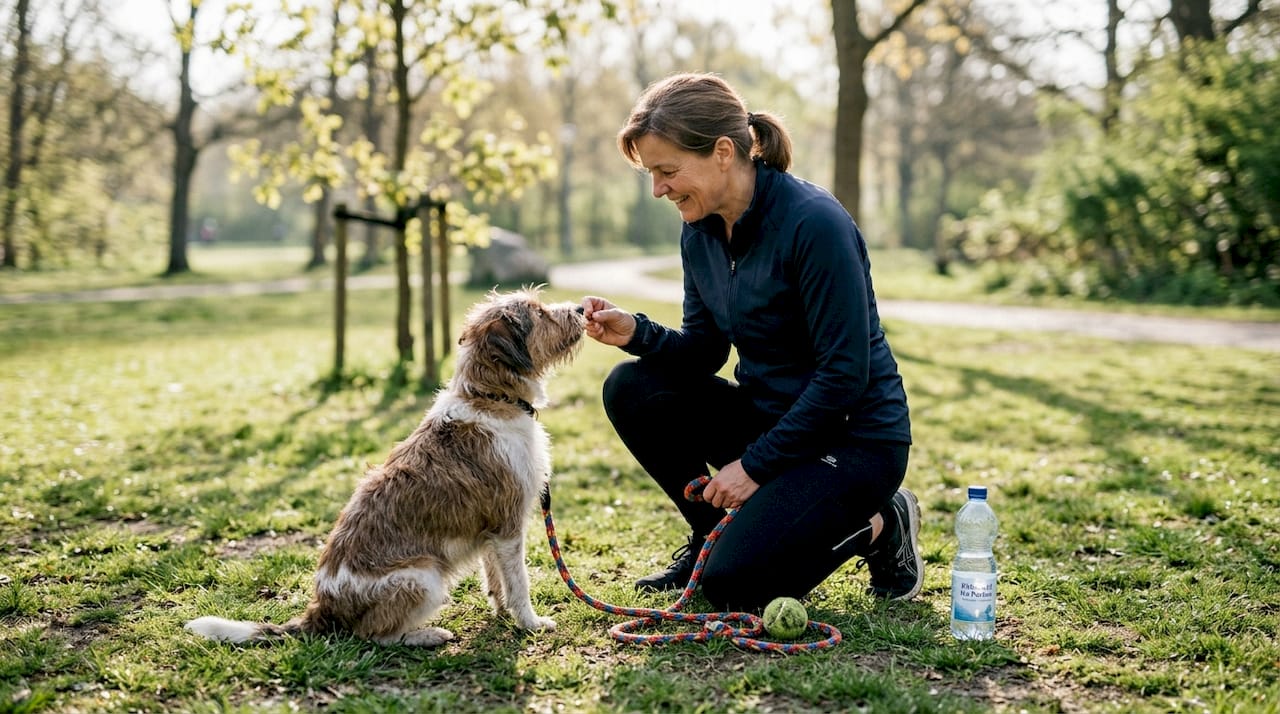 En hundeejer giver sin hund en godbid som belønning under træningen.