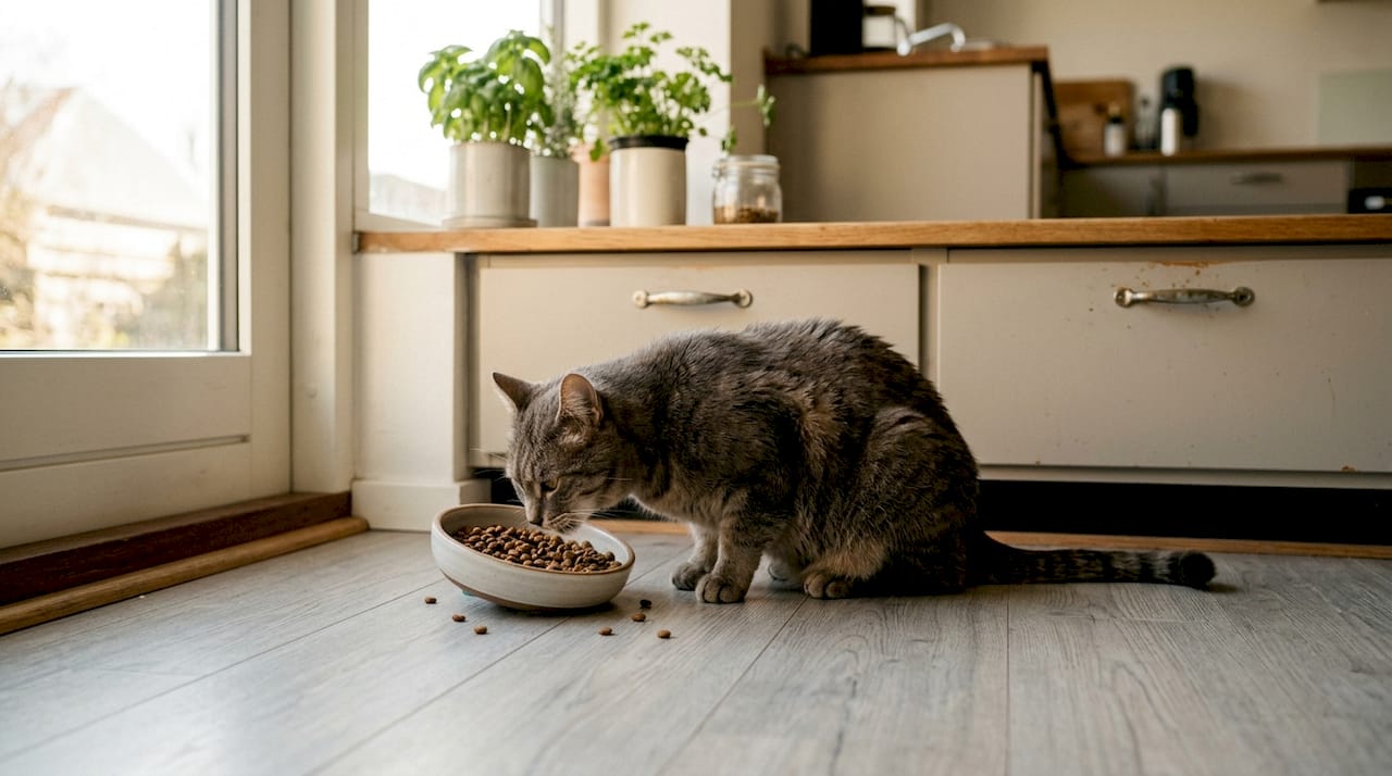 Katten sidder i køkkenet og spiser sin mad.