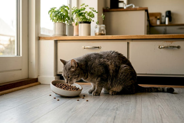 Katten sidder i køkkenet og spiser sin mad.