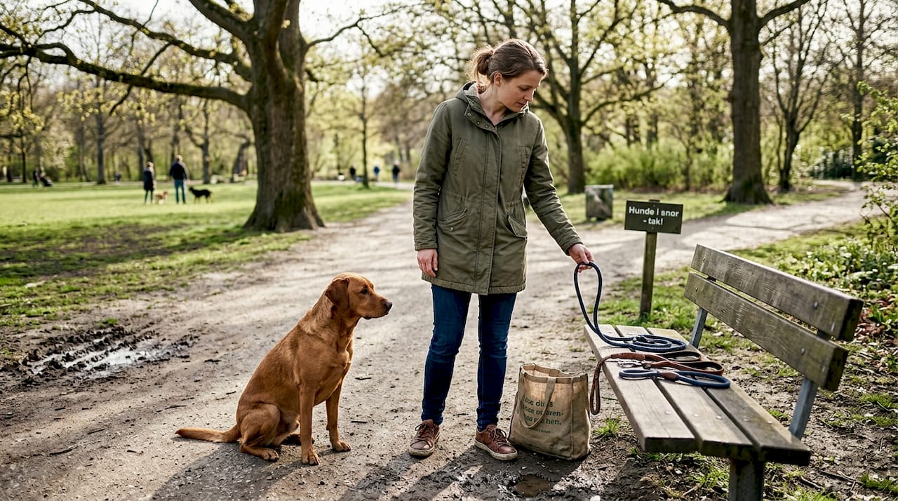 Hundeejer står i parken og sammenligner hundesnore med andre.