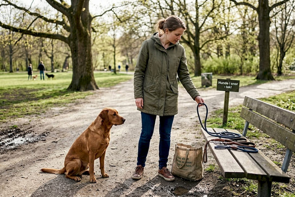 Hundeejer står i parken og sammenligner hundesnore med andre.