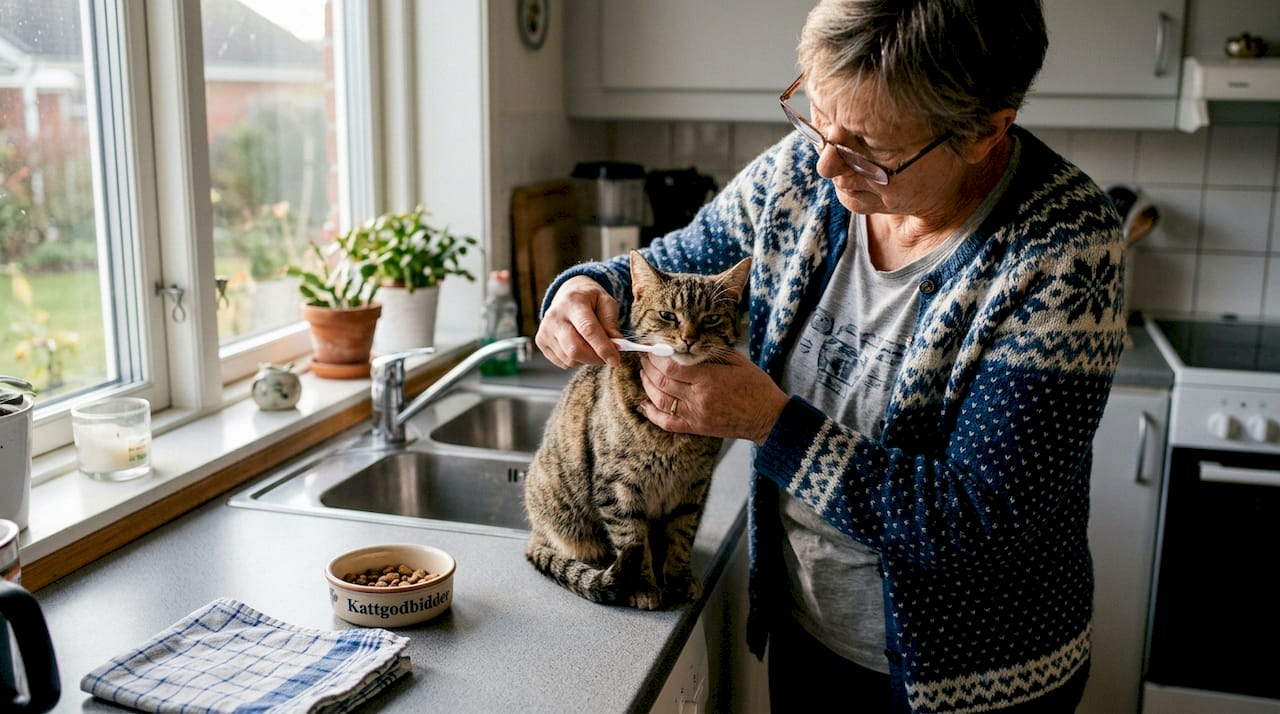 En kvinde står i køkkenet og børster sin kats tænder oppe på køkkenbordet.