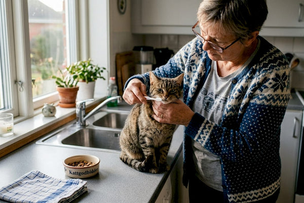 En kvinde står i køkkenet og børster sin kats tænder oppe på køkkenbordet.