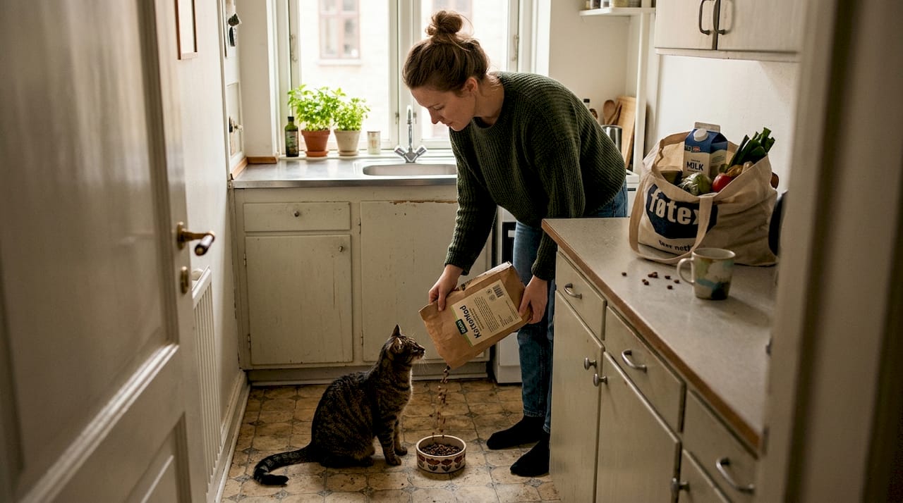 En katteejer står i sit køkken og giver katten mad.