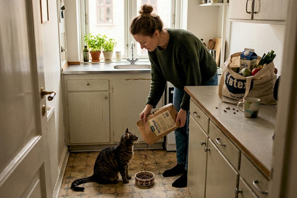 En katteejer står i sit køkken og giver katten mad.