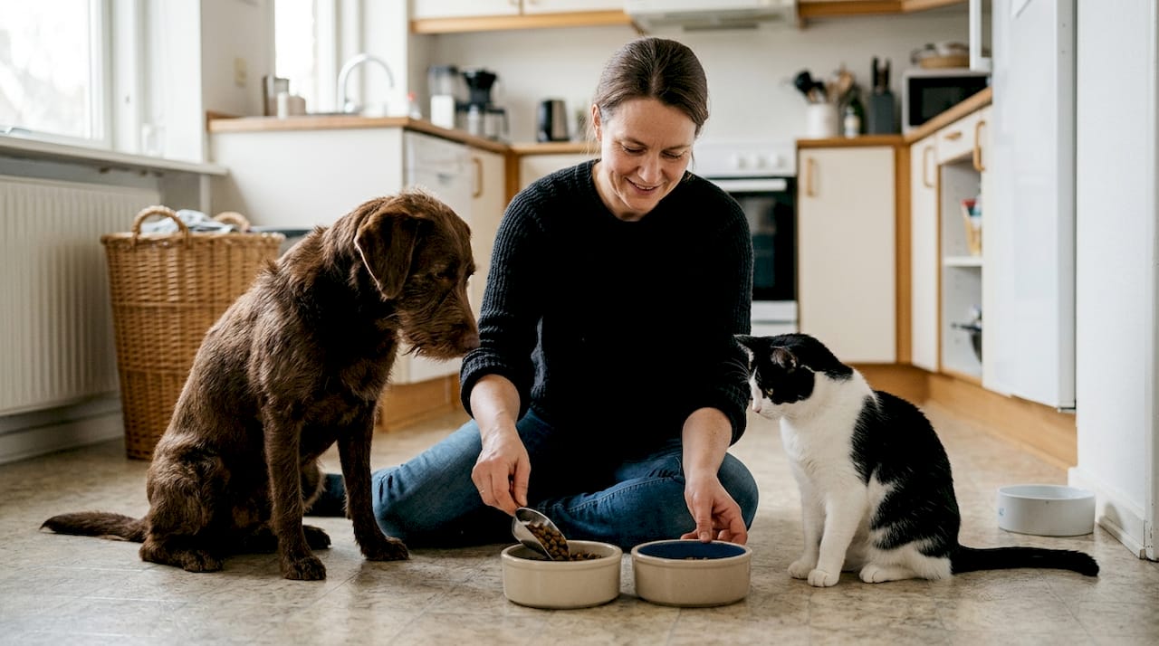 En kvinde står i køkkenet og vejer foder op til både hunden og katten.