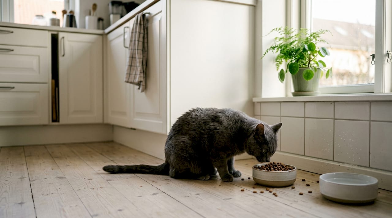 Nysgerrig kat undersøger kornfrit kattefoder på køkkenbordet