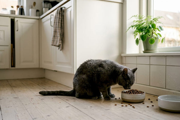 Nysgerrig kat undersøger kornfrit kattefoder på køkkenbordet