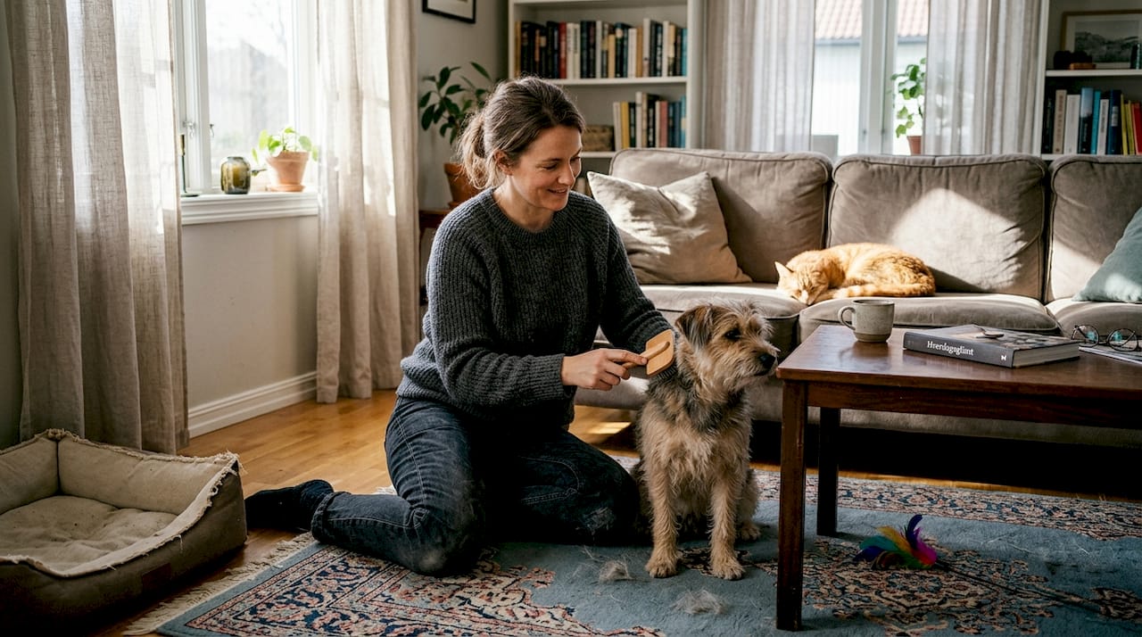 En kvinde sidder i sin hyggelige stue og børster familiens hund.