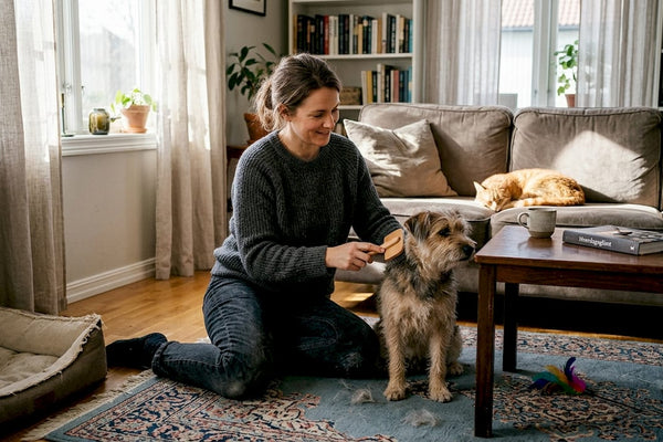 En kvinde sidder i sin hyggelige stue og børster familiens hund.