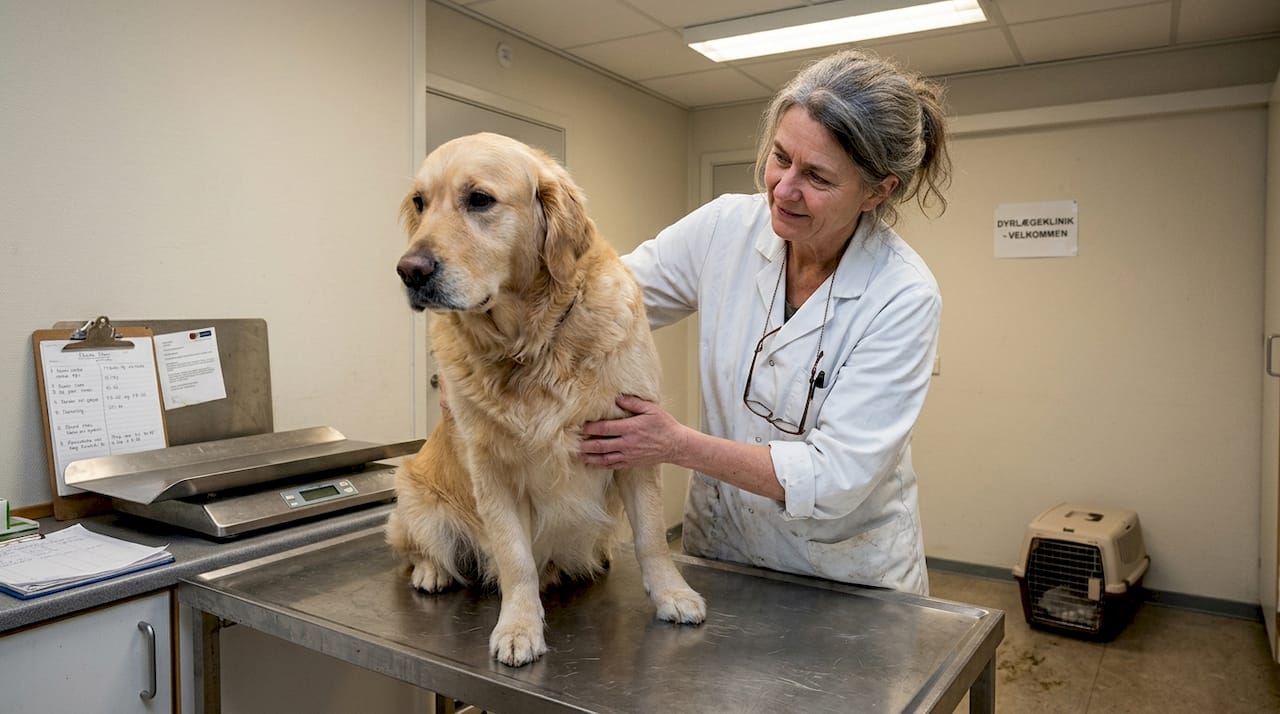 Dyrlægen undersøger en overvægtig hund på klinikken