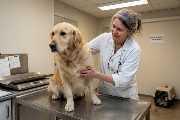 Dyrlægen undersøger en overvægtig hund på klinikken