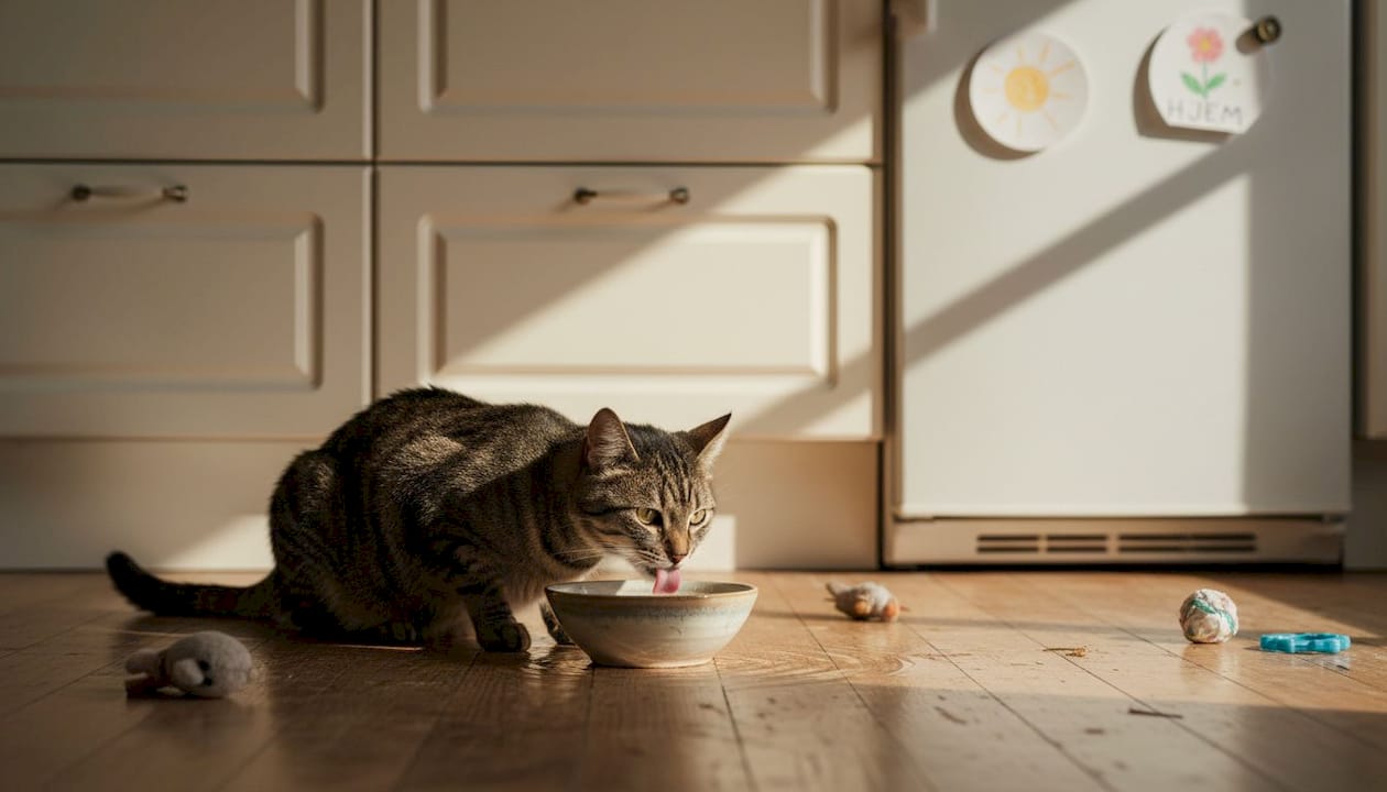 Katten står i køkkenet og drikker vand af sin skål.