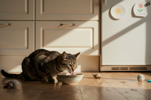 Katten står i køkkenet og drikker vand af sin skål.