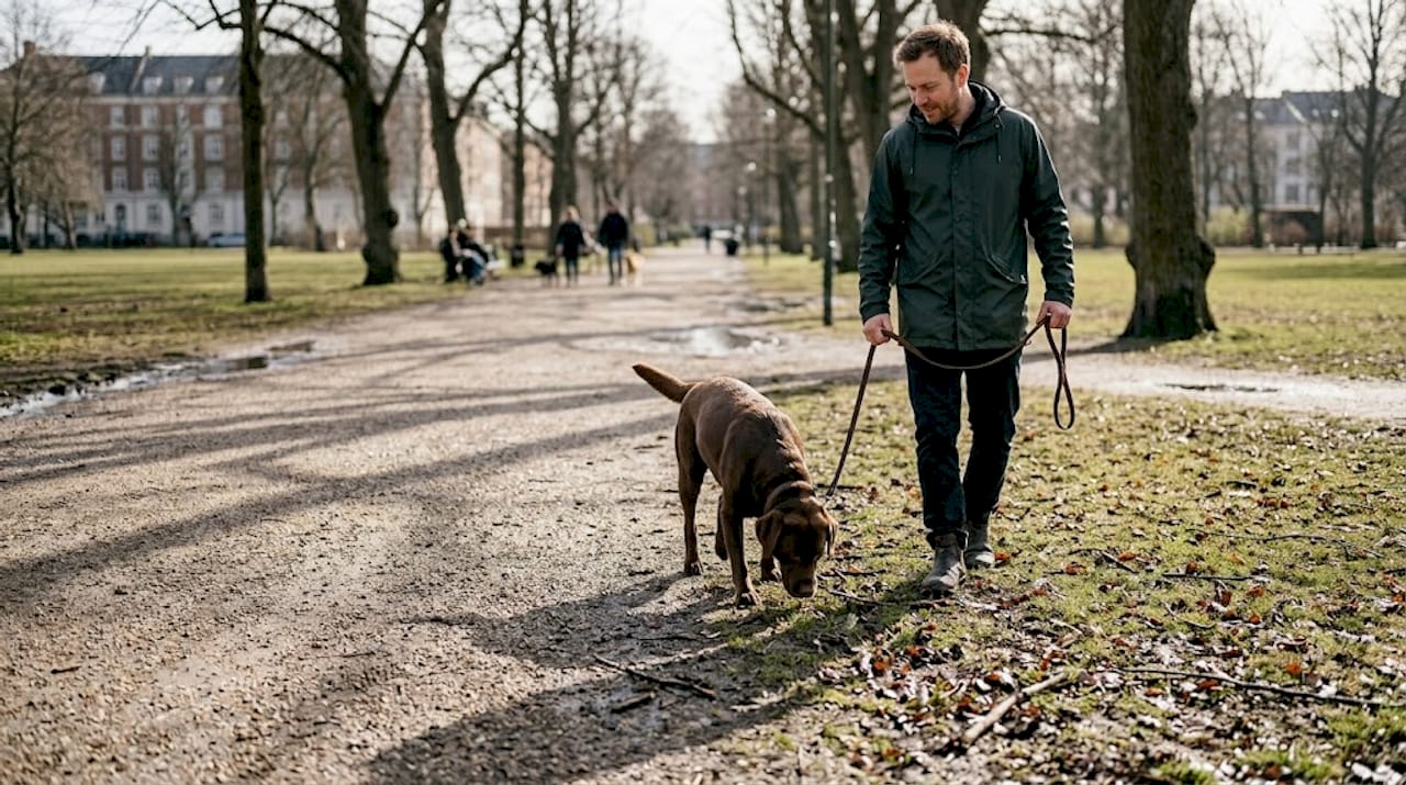 En mand går tur med sin hund, der nysgerrigt snuser rundt i byparken.