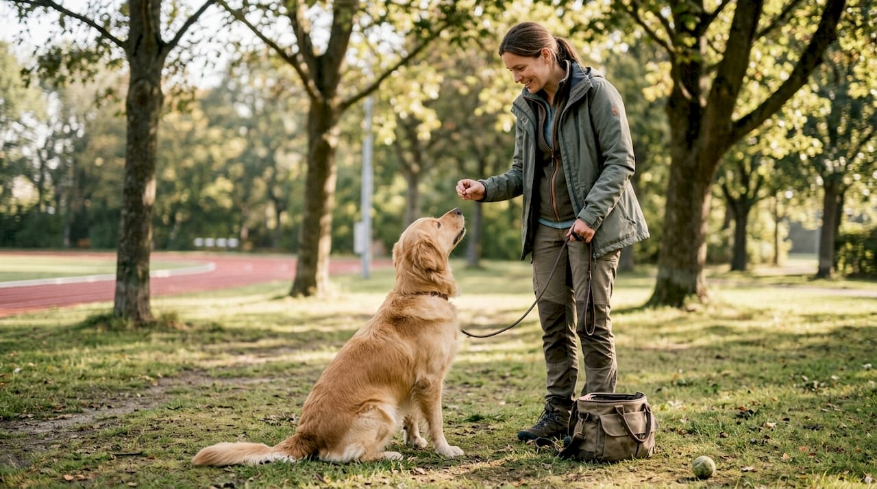 En kvinde lærer sin hund nye tricks i parken ved at belønne den med godbidder.