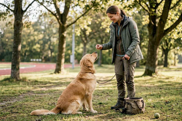En kvinde lærer sin hund nye tricks i parken ved at belønne den med godbidder.