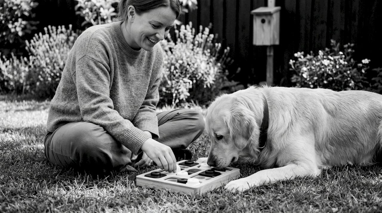 En kvinde hygger sig med at lege med sin hund og noget aktiveringslegetøj i stuen.