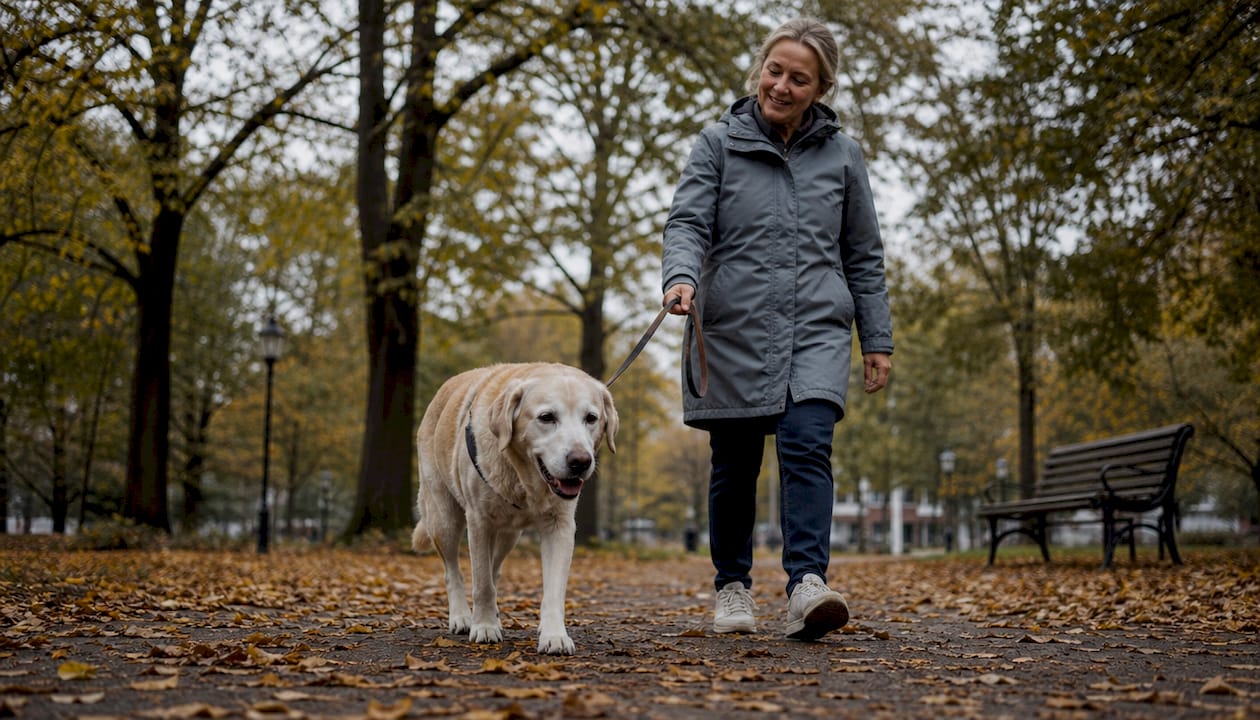 En ældre hund går roligt ved siden af sin ejer på en hyggelig tur gennem parken.
