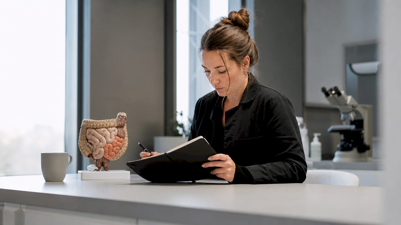 En dyrlæge undersøger en model af hundens tarm og gennemgår patientjournalen.