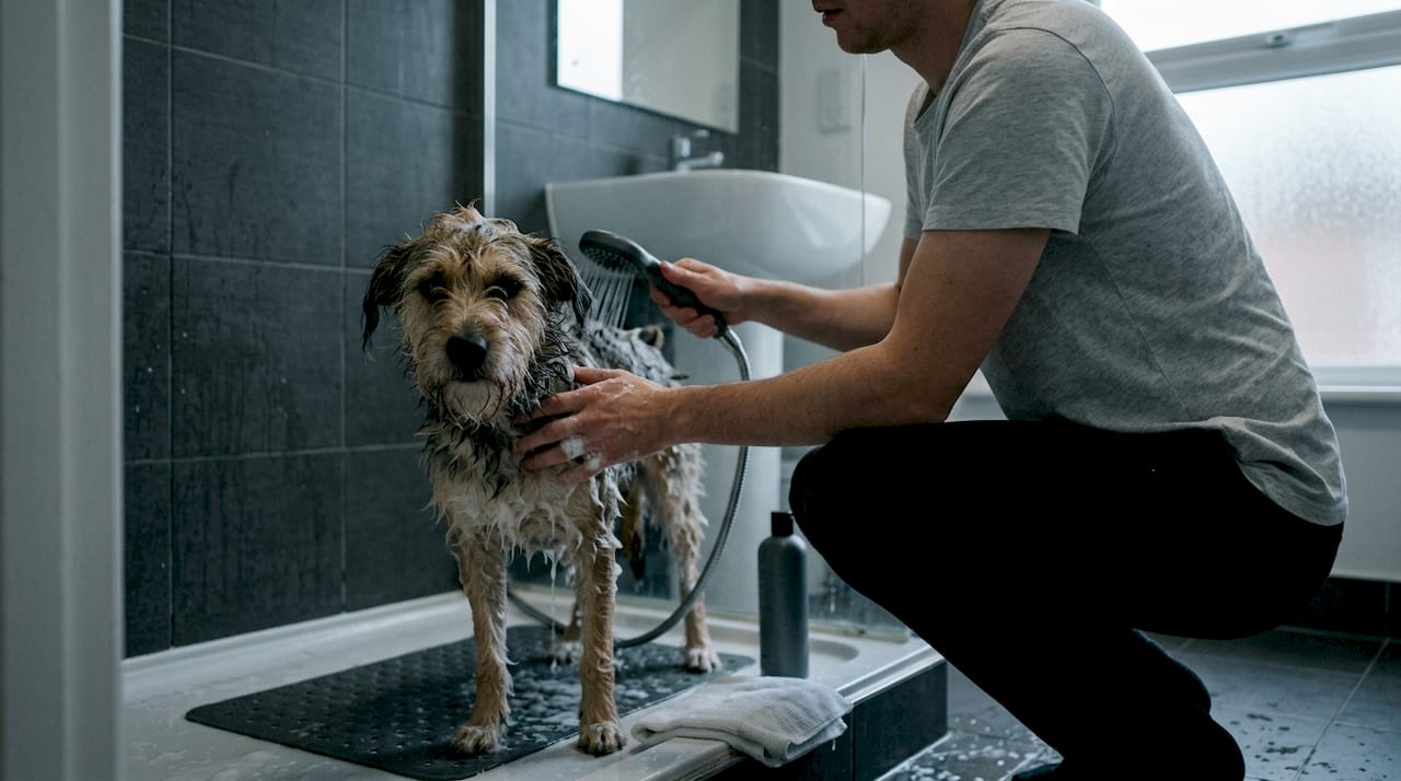 En person vasker sin mellemstore hund i badeværelset.