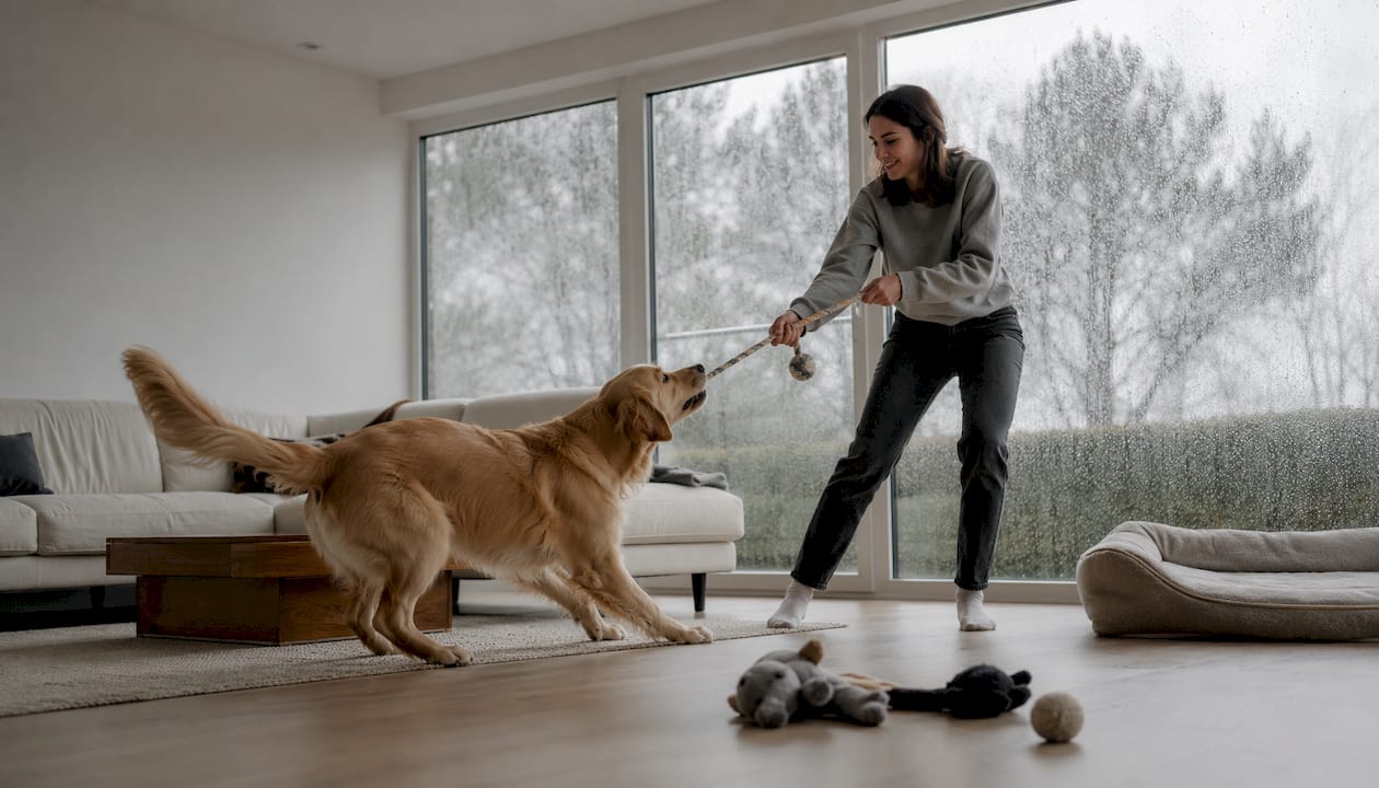 En kvinde leger apport med sin hund indenfor, mens regnen siler ned udenfor.