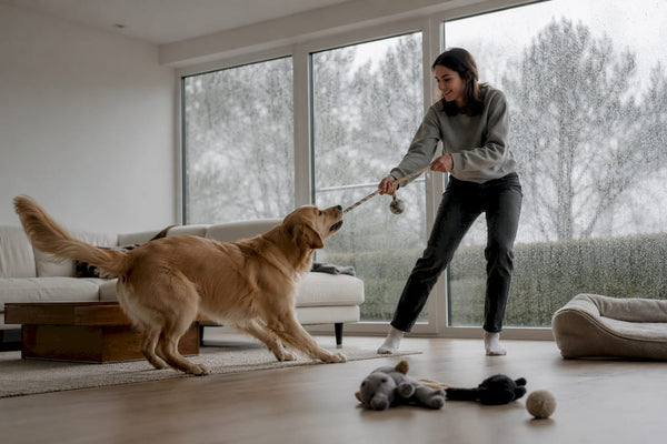 En kvinde leger apport med sin hund indenfor, mens regnen siler ned udenfor.
