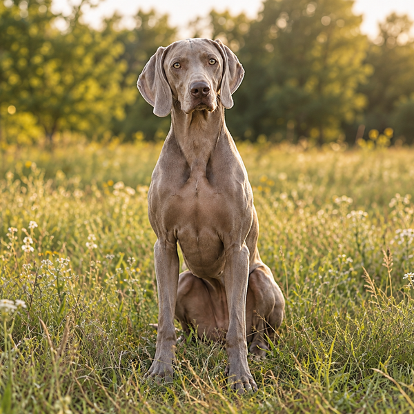Sølvgrå weimaraner i en solrig eng