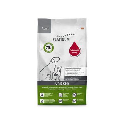 PLATINUM Adult Chicken tørfoder til voksne hunde med 70 % frisk kylling, pose set forfra