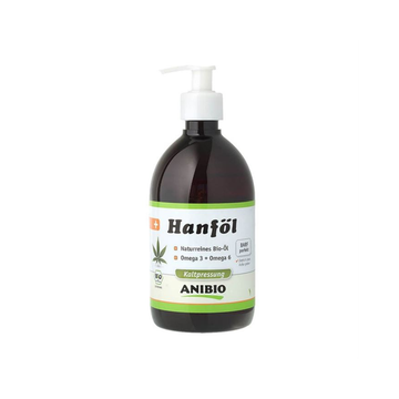 Anibio Hanföl BIO koldpresset hampeolie til hund og kat, 500 ml flaske, set forfra