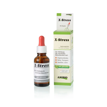Anibio X-Stress 30 ml, flydende tilskudsfoder til hund og kat, flaske set forfra