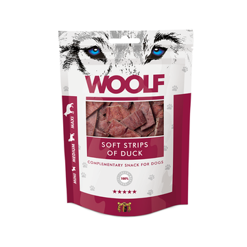 Woolf Soft Strips of Duck godbidder til hund og kat, 100 g pose set forfra