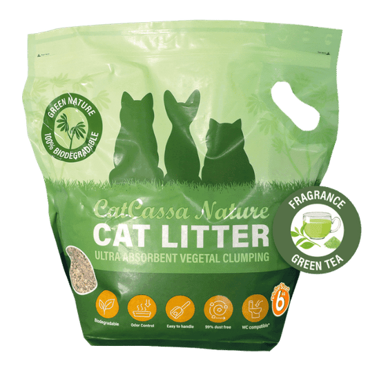 CatCassa Nature kattegrus med duft af grøn te, 6 kg, posen set forfra