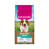 Eukanuba Grain Free Adult Small/Medium havfisk, kornfrit, 12 kg pose set forfra