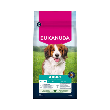 Eukanuba Adult Small/Medium Breed lam og ris hundefoder, 12 kg pose set forfra