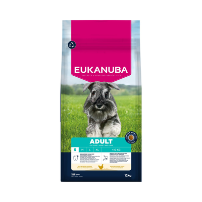 Eukanuba Adult Small Breed kylling hundefoder, 12 kg pose set forfra