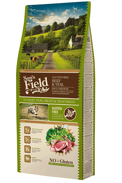 Sam's Field Adult Medium Beef & Veal 13 kg – posens forside, tørfoder med okse- og kalvekød til mellemstore hunde