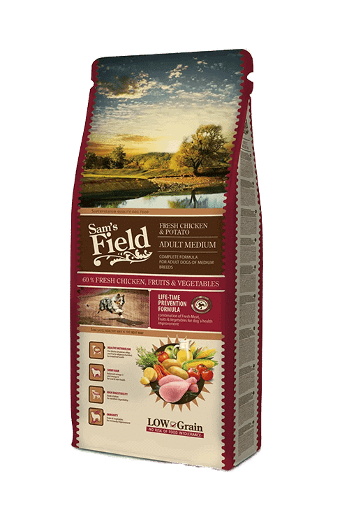 Sam's Field Adult Medium 13 kg – posens forside, tørfoder med kylling til mellemstore hunde