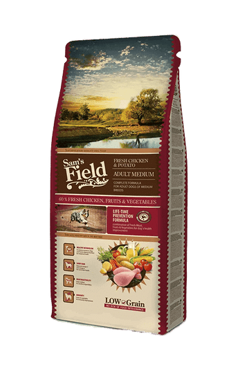 Sam's Field Adult Medium 13 kg – posens forside, tørfoder med kylling til mellemstore hunde